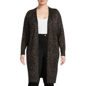 Terra & Sky Duster Cardigan Leopard Open Front Rib Knit Soft